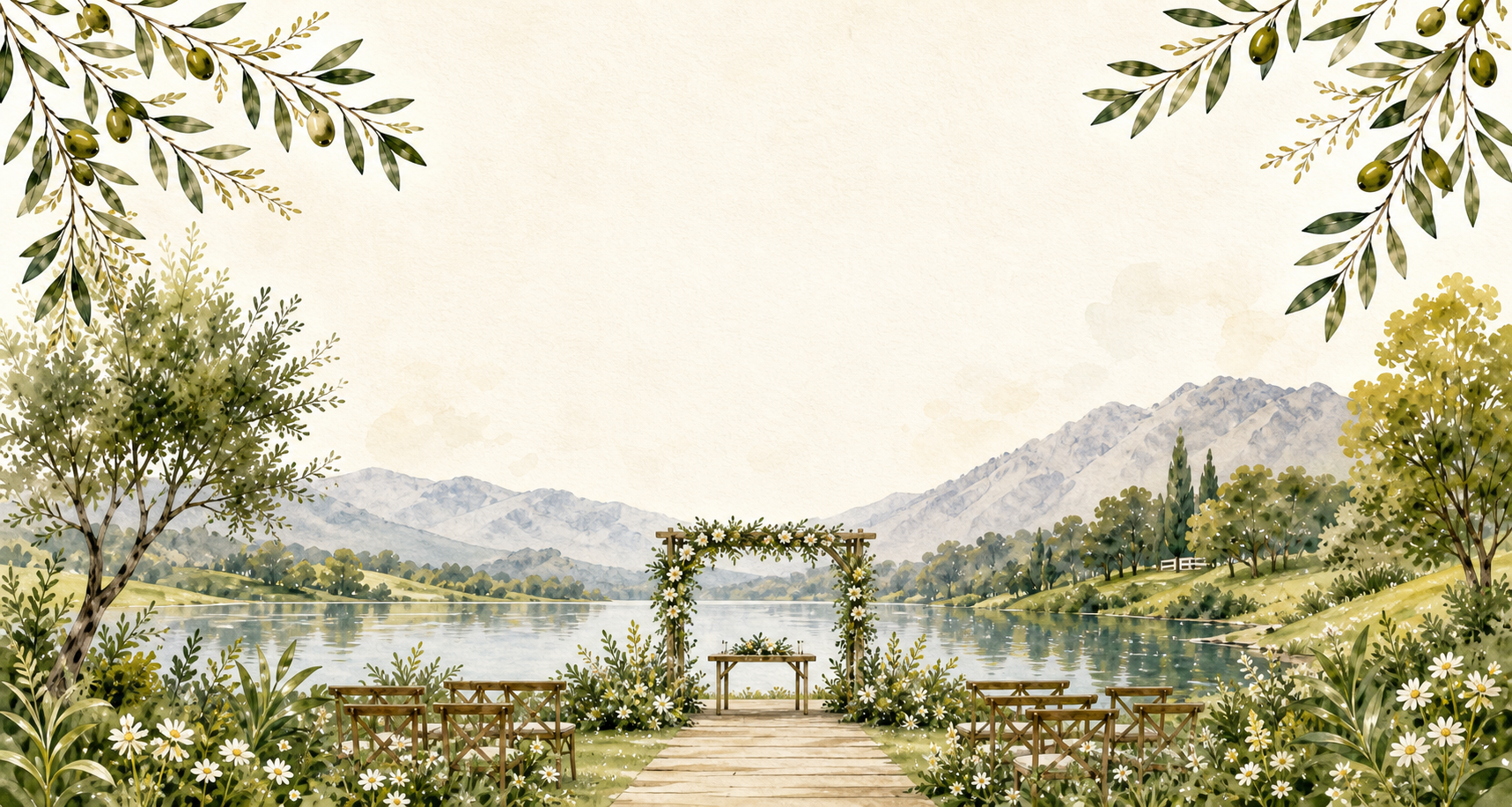 Ilustração em aquarela de uma cerimônia de casamento à beira de um lago